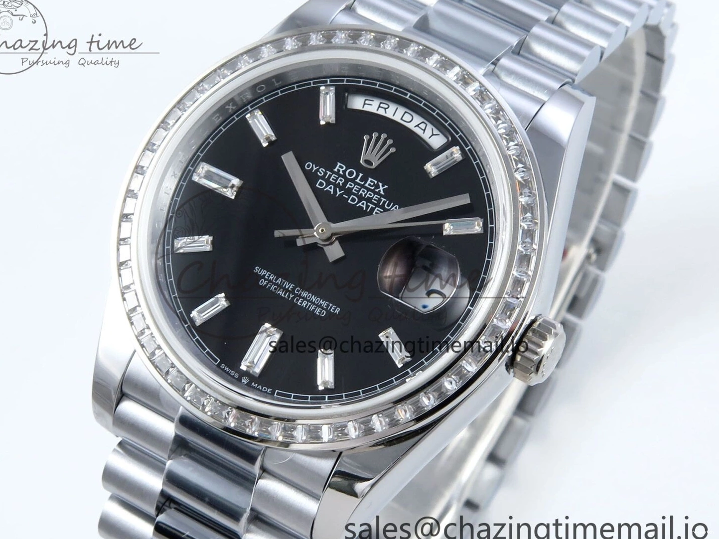 on QF 40 Edition Bracelet (Gain 1:1 DayDate Black V5 Best A2836 Crystal SS Bezel Dial Diamonds President Weight) 0315